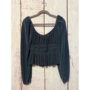 ASTR The Label Ziva Top Pleated Balloon Sleeve Plisse Blouse Deep Teal Medium